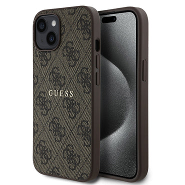 Apple iPhone 15 Case Guess Original Licensed M-safe Charging Feature 4G Pattern Text Logo Cover Brown