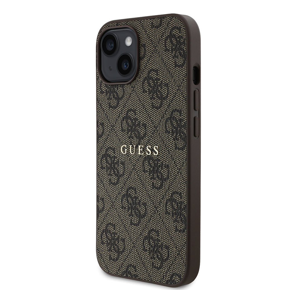 Apple iPhone 15 Case Guess Original Licensed M-safe Charging Feature 4G Pattern Text Logo Cover Brown