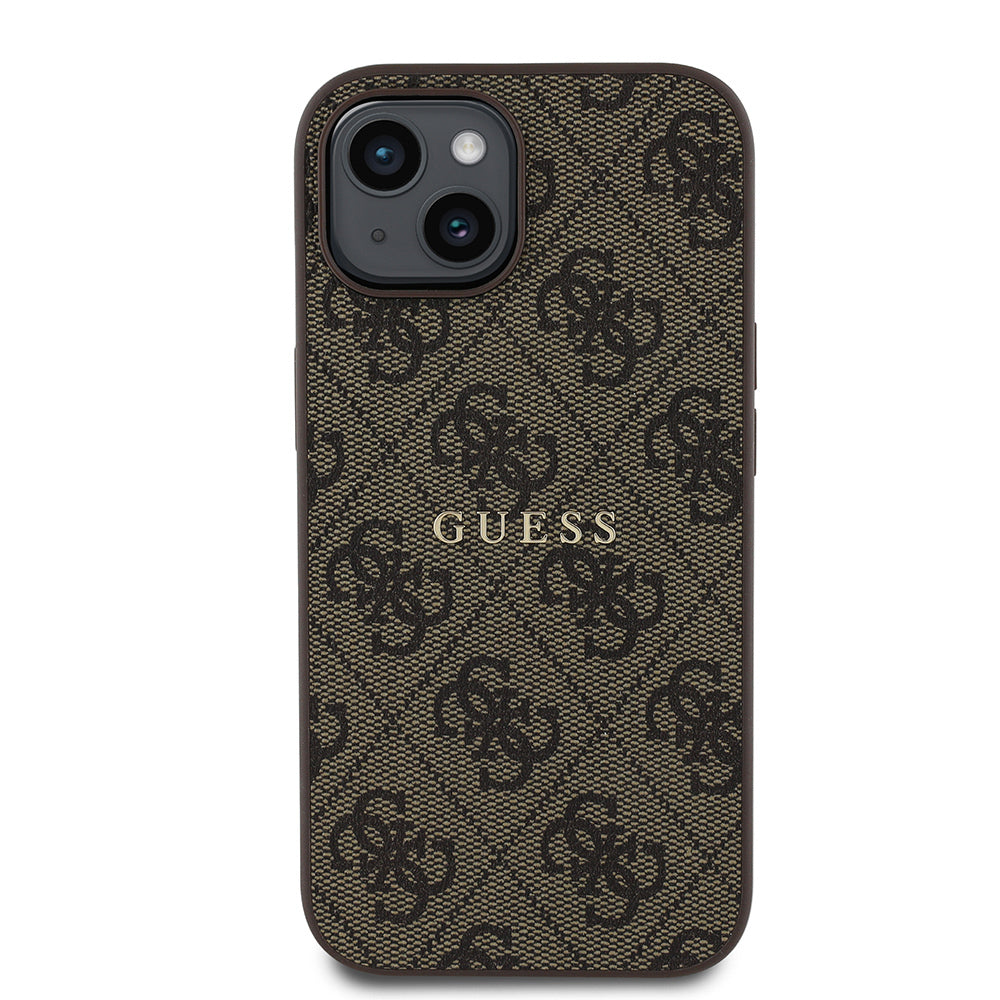 Apple iPhone 15 Case Guess Original Licensed M-safe Charging Feature 4G Pattern Text Logo Cover Brown