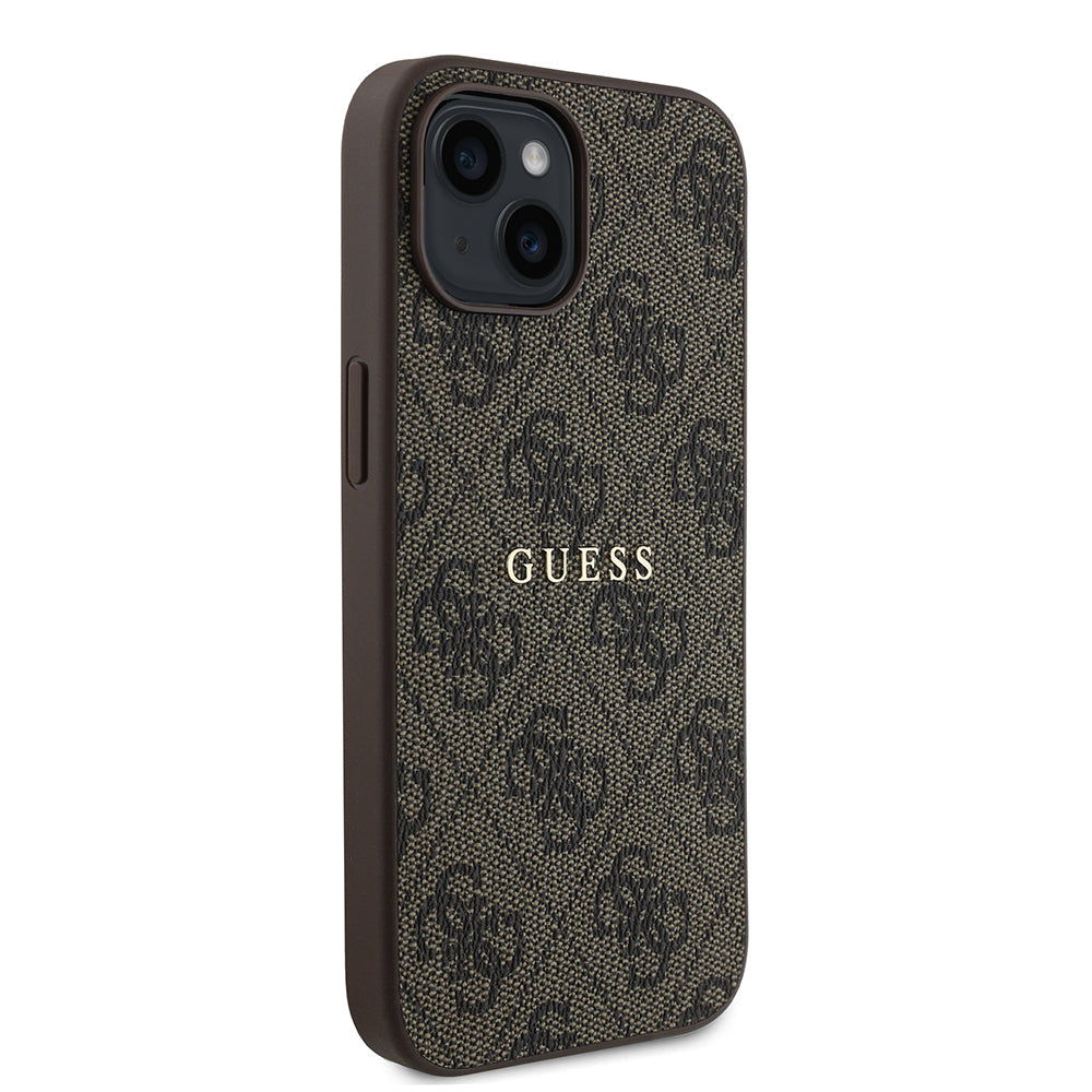Apple iPhone 15 Case Guess Original Licensed M-safe Charging Feature 4G Pattern Text Logo Cover Brown