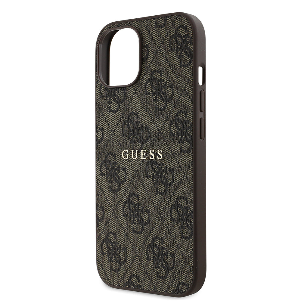 Apple iPhone 15 Case Guess Original Licensed M-safe Charging Feature 4G Pattern Text Logo Cover Brown
