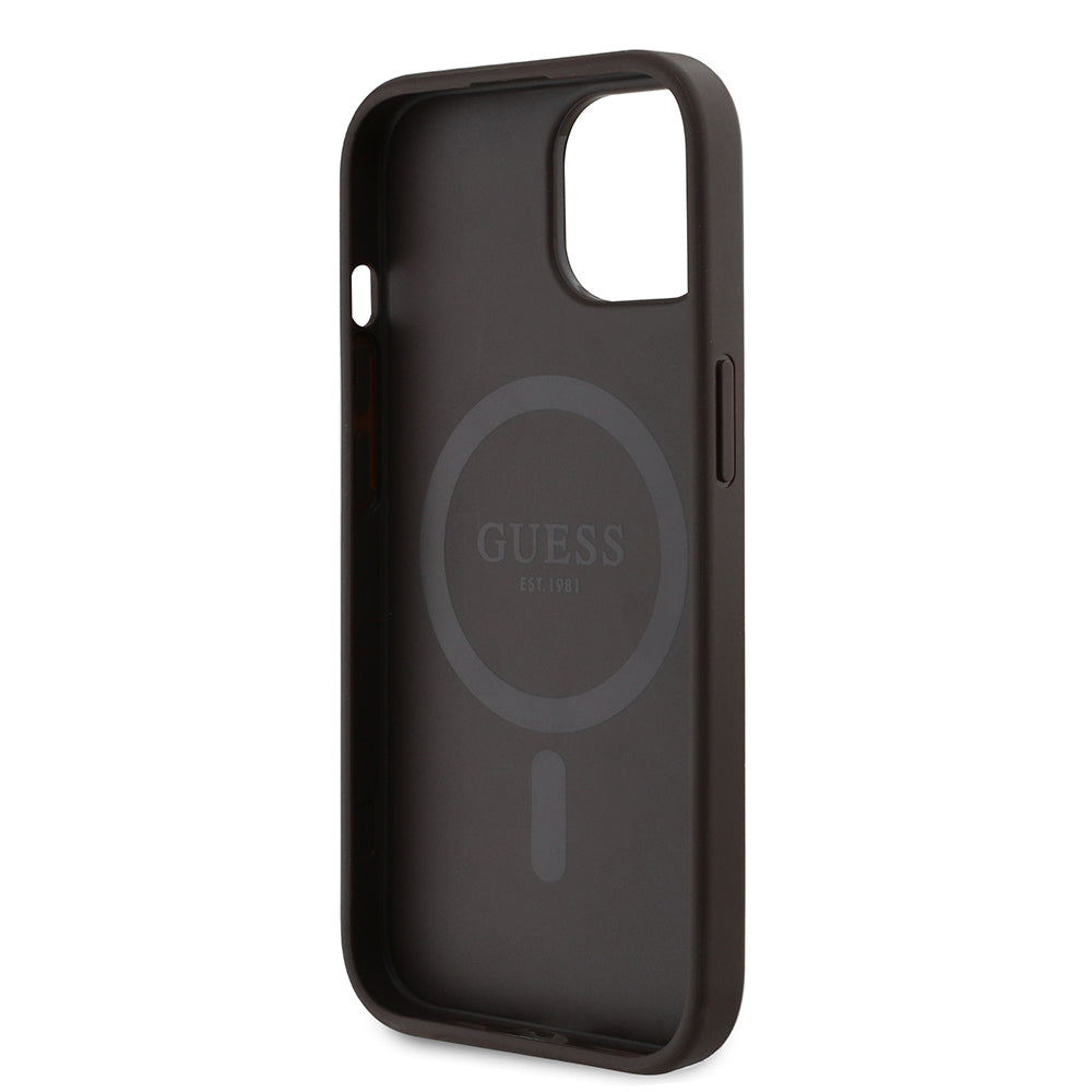 Apple iPhone 15 Case Guess Original Licensed M-safe Charging Feature 4G Pattern Text Logo Cover Brown