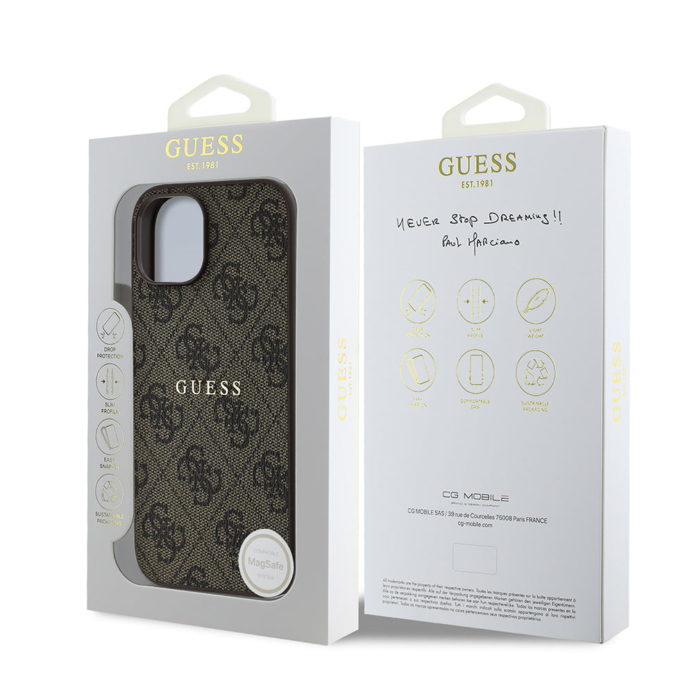 Apple iPhone 15 Case Guess Original Licensed M-safe Charging Feature 4G Pattern Text Logo Cover Brown