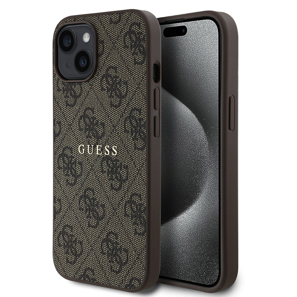 Apple iPhone 15 Case Guess Original Licensed M-safe Charging Feature 4G Pattern Text Logo Cover Brown