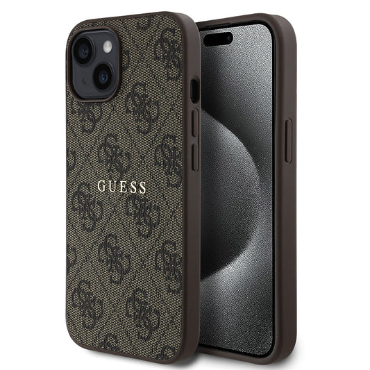 Apple iPhone 15 Case Guess Original Licensed M-safe Charging Feature 4G Pattern Text Logo Cover Brown