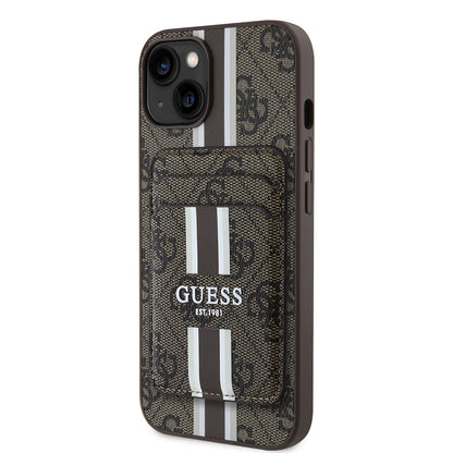 Apple iPhone 15 Kılıf Guess Orjinal Lisanslı M-safe Şarj Özellikli 4G Desenli Çizgili Kartlıklı Kapak Siyah