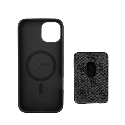 Apple iPhone 15 Kılıf Guess Orjinal Lisanslı M-safe Şarj Özellikli 4G Desenli Çizgili Kartlıklı Kapak Kahverengi