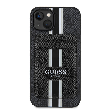 Apple iPhone 15 Kılıf Guess Orjinal Lisanslı M-safe Şarj Özellikli 4G Desenli Çizgili Kartlıklı Kapak Siyah