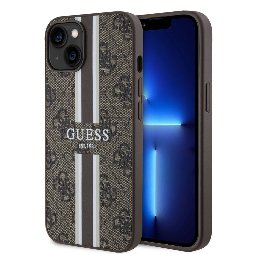 Apple iPhone 15 Case Guess Original Licensed M-safe Charging Feature 4G Stripe Design Printed Cover Brown