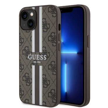 Apple iPhone 15 Case Guess Original Licensed M-safe Charging Feature 4G Stripe Design Printed Cover Brown