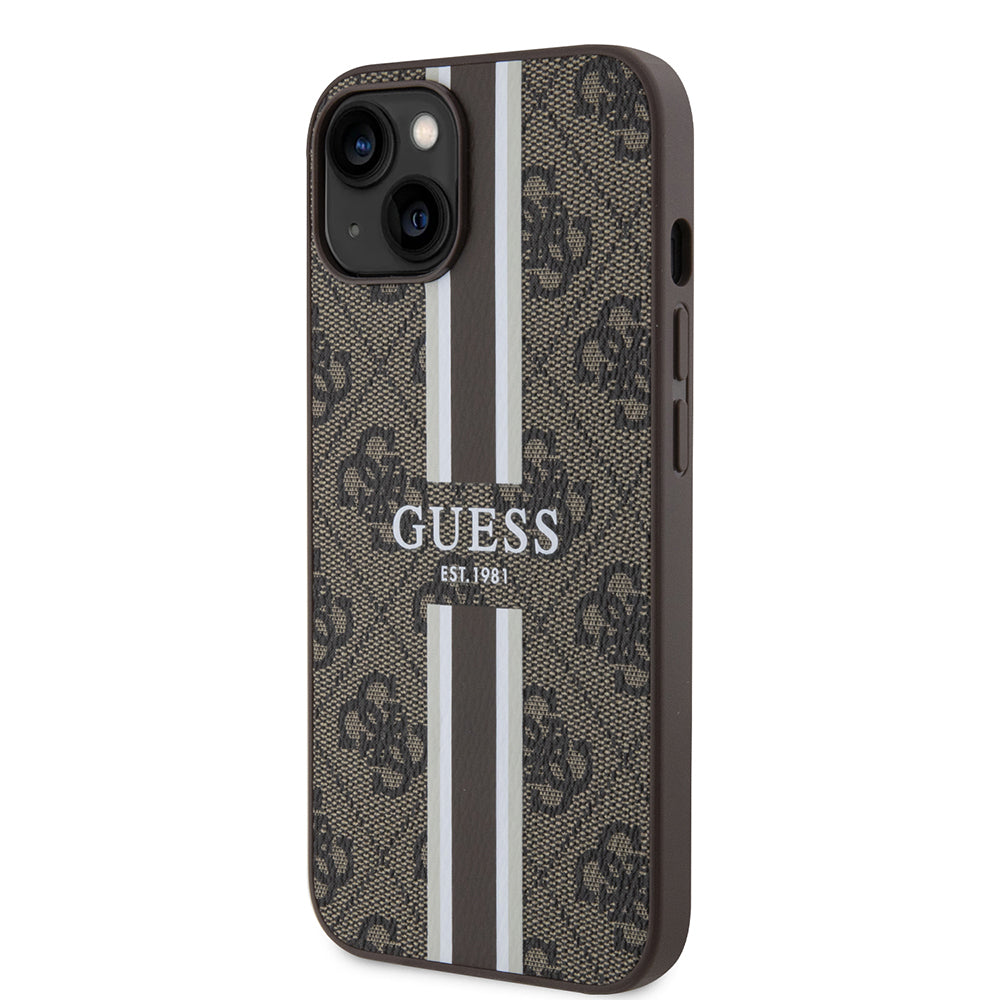 Apple iPhone 15 Case Guess Original Licensed M-safe Charging Feature 4G Stripe Design Printed Cover Brown