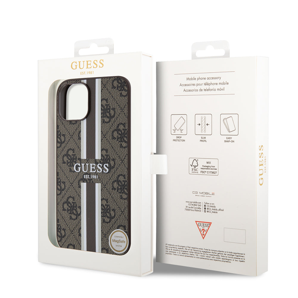 Apple iPhone 15 Case Guess Original Licensed M-safe Charging Feature 4G Stripe Design Printed Cover Brown