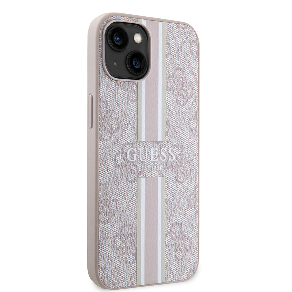 Apple iPhone 15 Case Guess Original Licensed M-safe Charging Feature 4G Stripe Design Printed Cover Pink