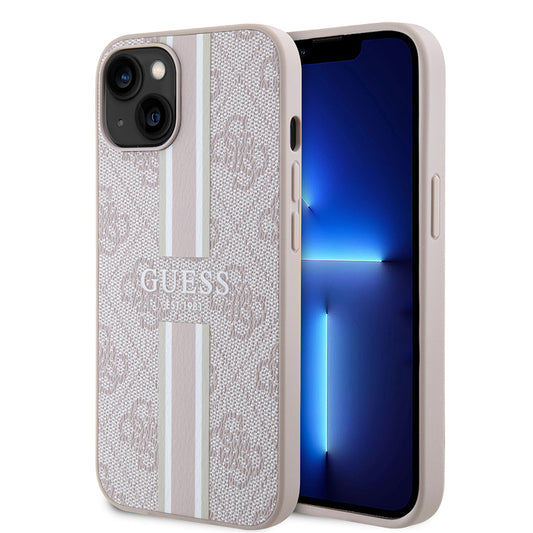 Apple iPhone 15 Case Guess Original Licensed M-safe Charging Feature 4G Stripe Design Printed Cover Pink
