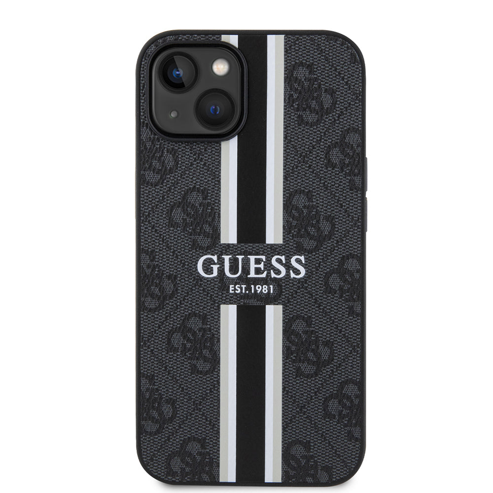 Apple iPhone 15 Case Guess Original Licensed M-safe Charging Feature 4G Stripe Design Printed Cover Brown