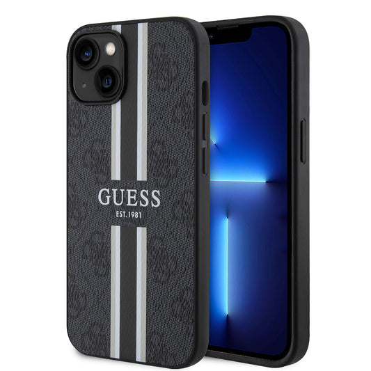 Apple iPhone 15 Case Guess Original Licensed M-safe Charging Feature 4G Stripe Design Printed Cover Black
