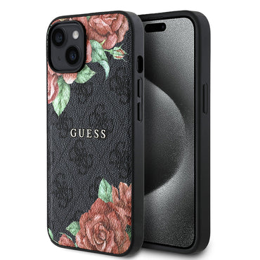 Apple iPhone 15 Case Guess Original Licensed M-safe Charging Feature Rose Printed 4G Patterned Text Logo Cover Black