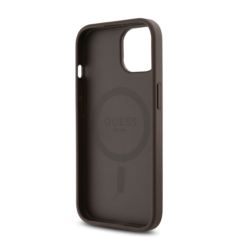 Apple iPhone 15 Case Guess Original Licensed M-safe Charging Feature Rose Printed 4G Patterned Text Logo Cover Black
