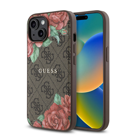 Apple iPhone 15 Case Guess Original Licensed M-safe Charging Feature Rose Printed 4G Patterned Text Logo Cover Brown