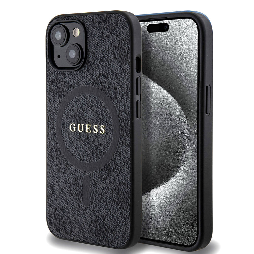 Apple iPhone 15 Case Guess Original Licensed M-safe Charging Feature PU Ring 4G Patterned Text Logo Cover Pink
