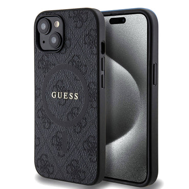 Apple iPhone 15 Case Guess Original Licensed M-safe Charging Feature PU Ring 4G Patterned Text Logo Cover Brown