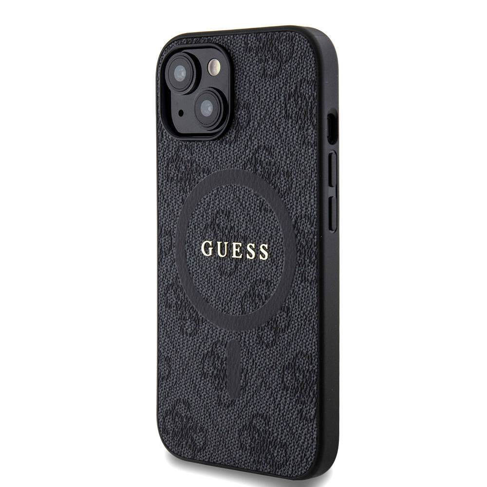Apple iPhone 15 Case Guess Original Licensed M-safe Charging Feature PU Ring 4G Patterned Text Logo Cover Pink