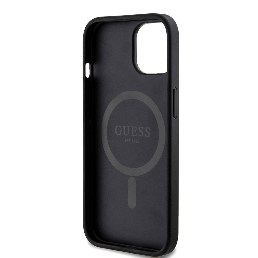Apple iPhone 15 Case Guess Original Licensed M-safe Charging Feature PU Ring 4G Patterned Text Logo Cover Black