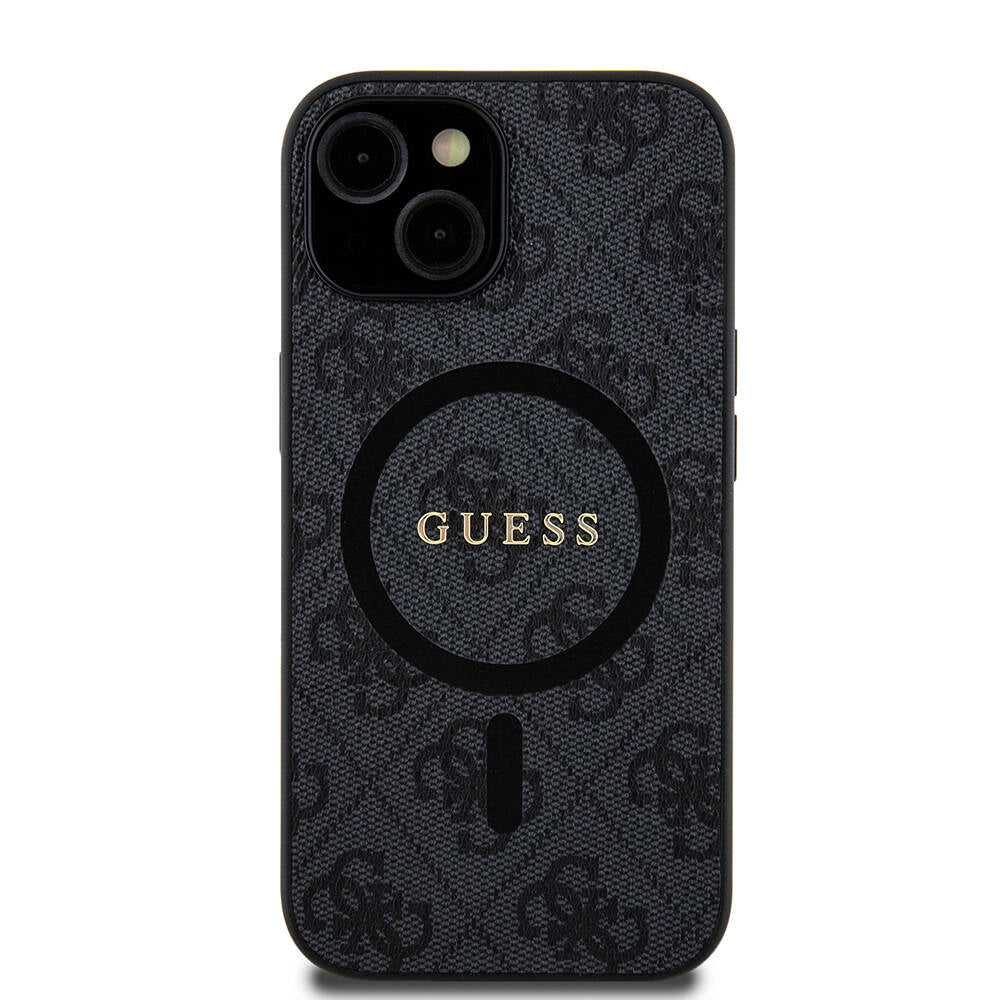 Apple iPhone 15 Case Guess Original Licensed M-safe Charging Feature PU Ring 4G Patterned Text Logo Cover Black