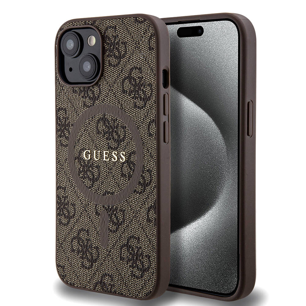 Apple iPhone 15 Case Guess Original Licensed M-safe Charging Feature PU Ring 4G Patterned Text Logo Cover Brown
