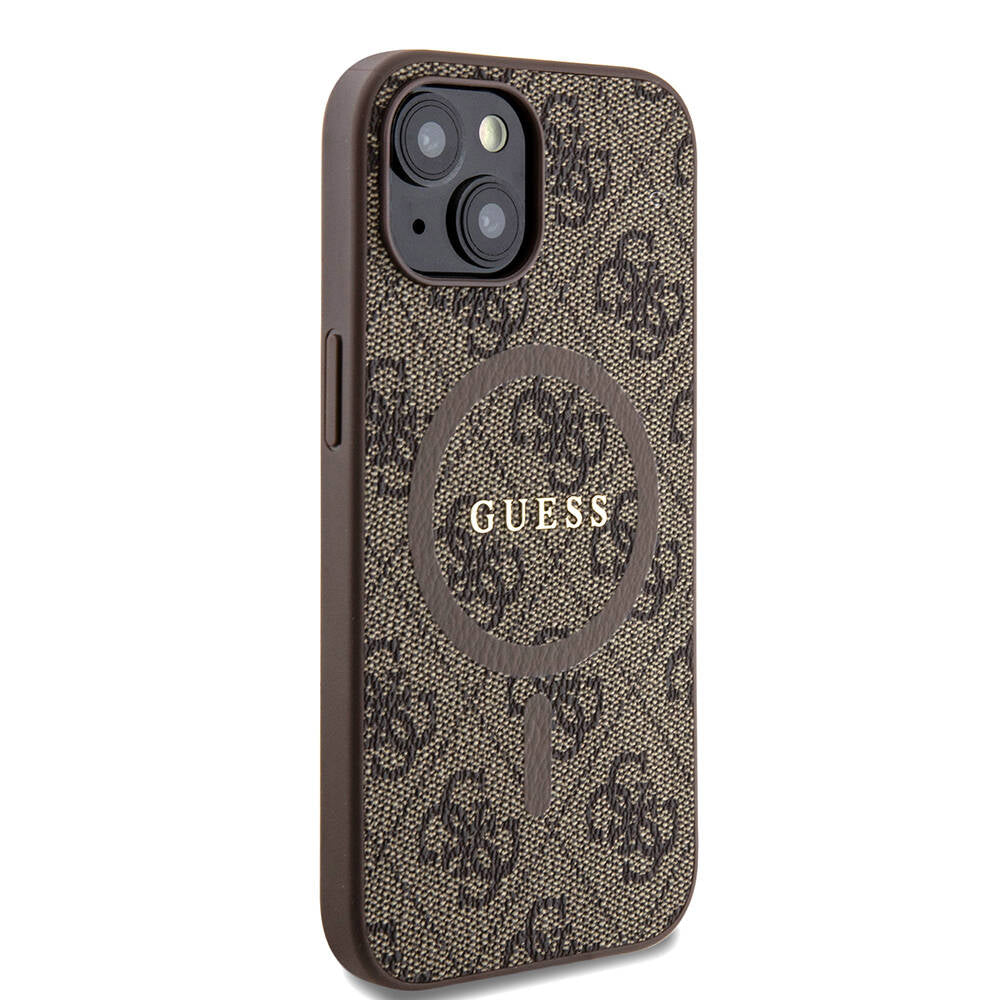 Apple iPhone 15 Case Guess Original Licensed M-safe Charging Feature PU Ring 4G Patterned Text Logo Cover Brown