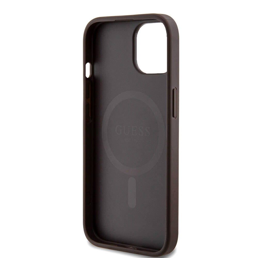 Apple iPhone 15 Case Guess Original Licensed M-safe Charging Feature PU Ring 4G Patterned Text Logo Cover Brown