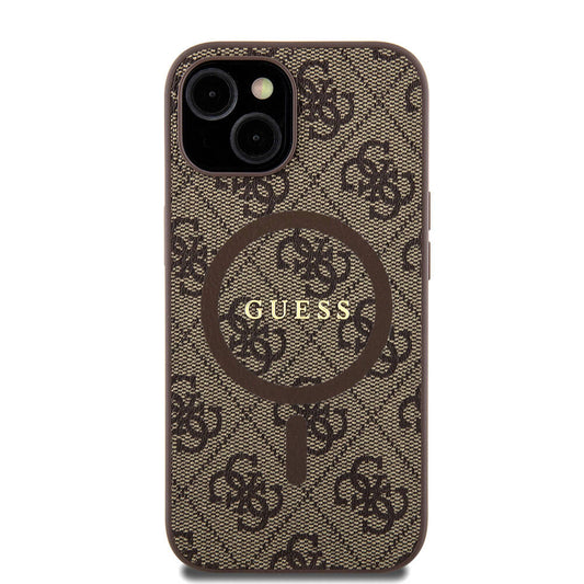 Apple iPhone 15 Case Guess Original Licensed M-safe Charging Feature PU Ring 4G Patterned Text Logo Cover Brown