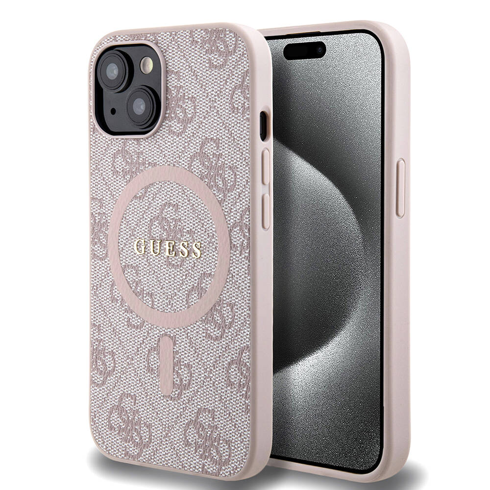 Apple iPhone 15 Case Guess Original Licensed M-safe Charging Feature PU Ring 4G Patterned Text Logo Cover Brown