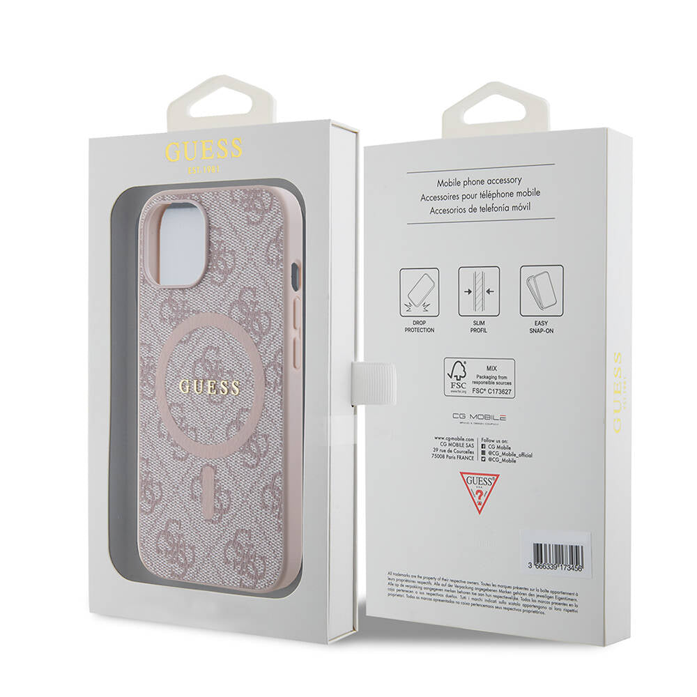 Apple iPhone 15 Case Guess Original Licensed M-safe Charging Feature PU Ring 4G Patterned Text Logo Cover Black