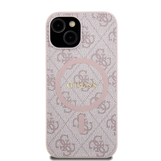 Apple iPhone 15 Case Guess Original Licensed M-safe Charging Feature PU Ring 4G Patterned Text Logo Cover Pink