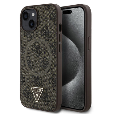 Apple iPhone 15 Case Guess Original Licensed M-safe Charging Feature PU Triangle Logo 4G Patterned Cover Pink