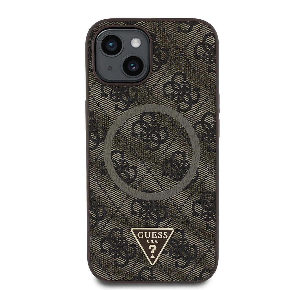 Apple iPhone 15 Case Guess Original Licensed M-safe Charging Feature PU Triangle Logo 4G Patterned Cover Black