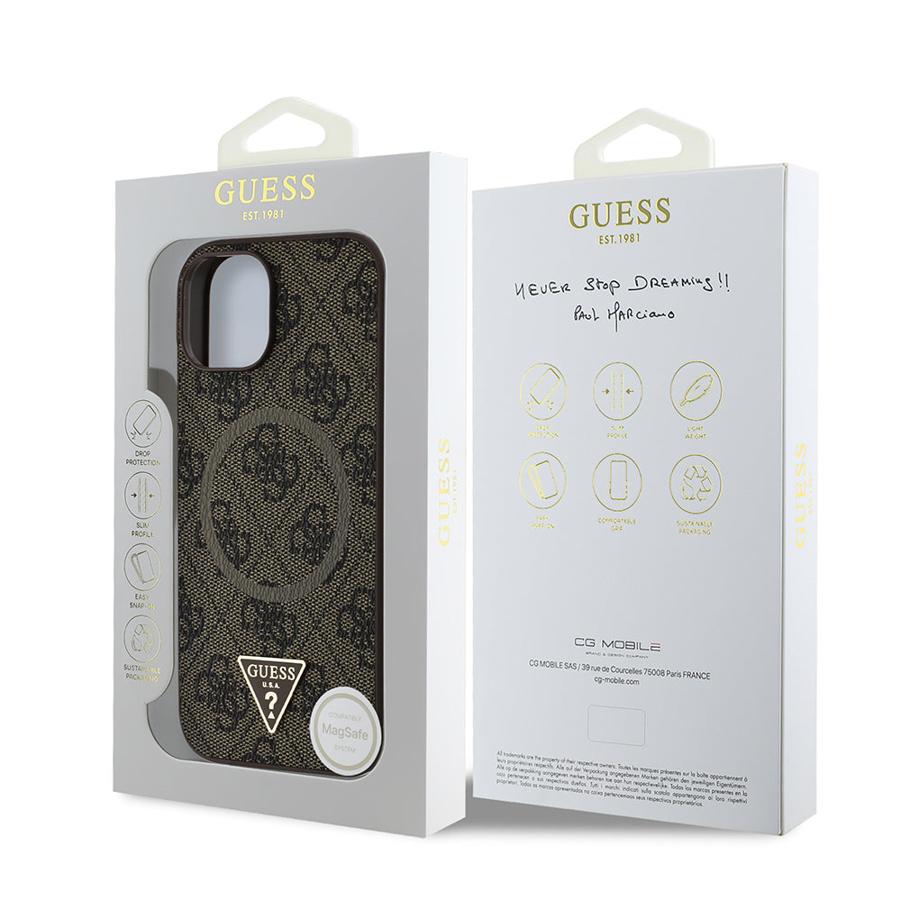 Apple iPhone 15 Case Guess Original Licensed M-safe Charging Feature PU Triangle Logo 4G Patterned Cover Pink