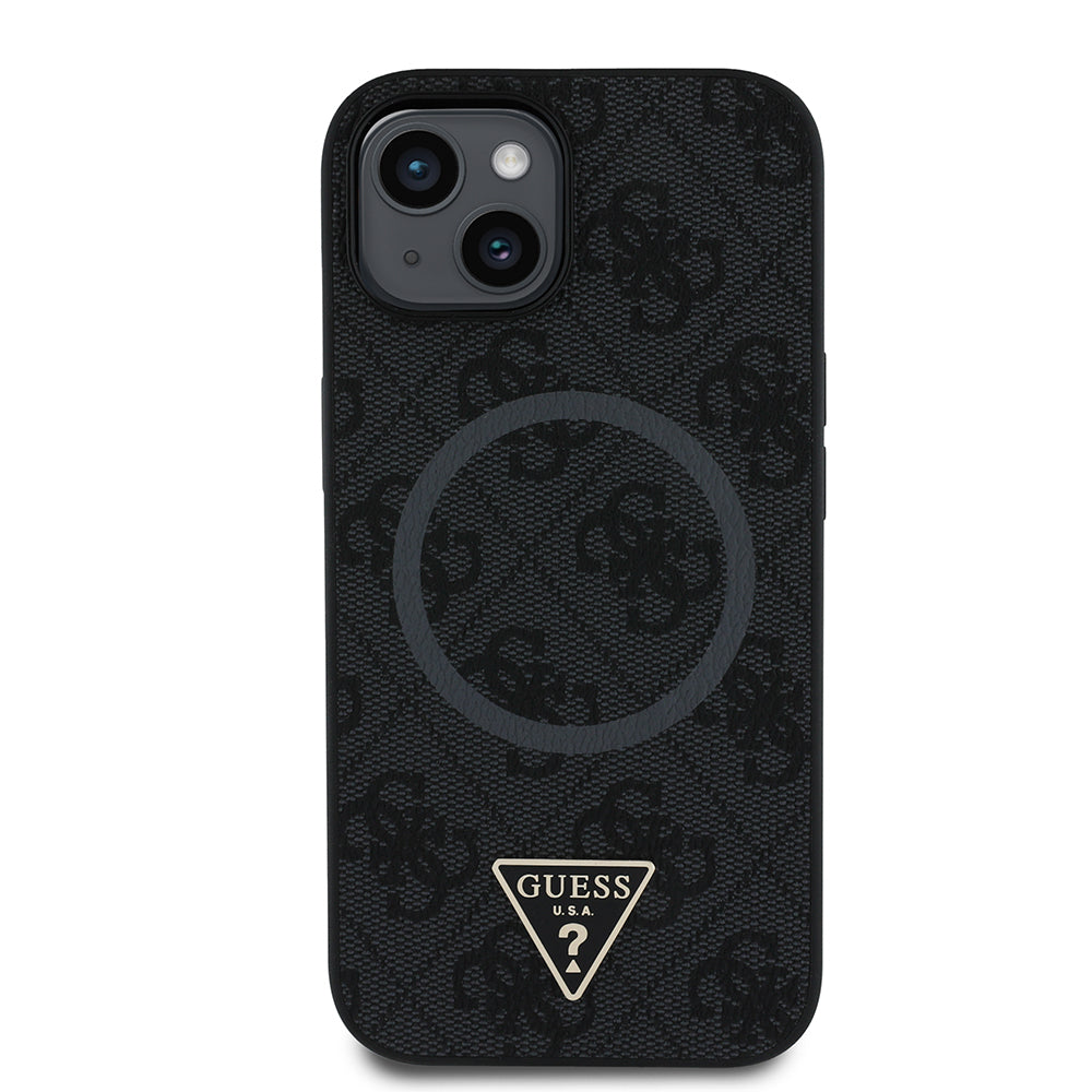 Apple iPhone 15 Case Guess Original Licensed M-safe Charging Feature PU Triangle Logo 4G Patterned Cover Pink