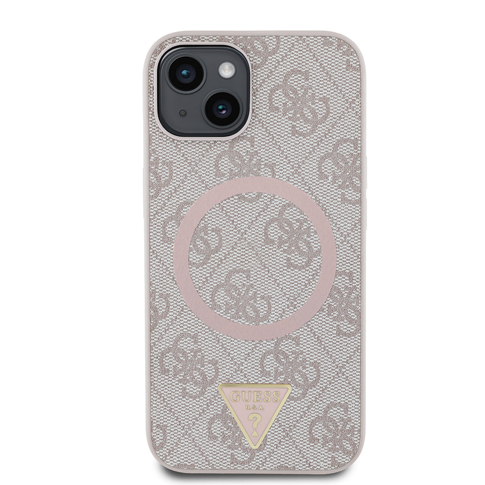 Apple iPhone 15 Case Guess Original Licensed M-safe Charging Feature PU Triangle Logo 4G Patterned Cover Black