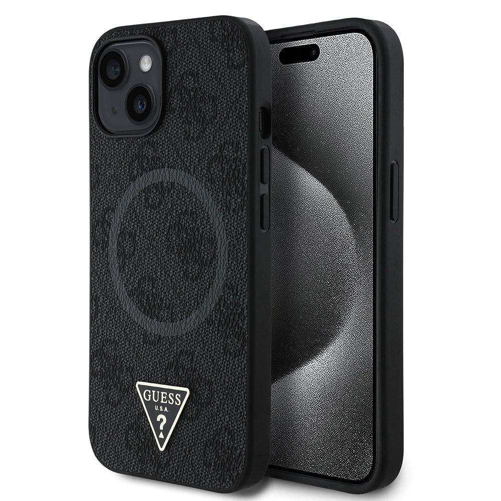 Apple iPhone 15 Case Guess Original Licensed M-safe Charging Feature PU Triangle Logo 4G Patterned Cover Black
