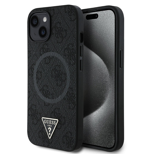 Apple iPhone 15 Case Guess Original Licensed M-safe Charging Feature PU Triangle Logo 4G Patterned Cover Black