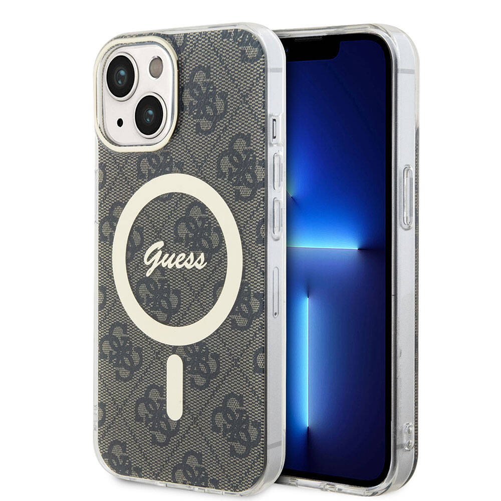 Apple iPhone 15 Case Guess Original Licensed M-safe Charging Feature Text Logo 4G Patterned Cover Brown