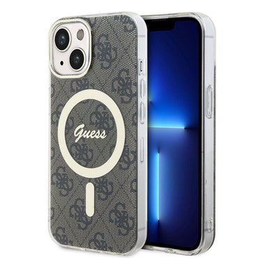 Apple iPhone 15 Case Guess Original Licensed M-safe Charging Feature Text Logo 4G Patterned Cover Brown