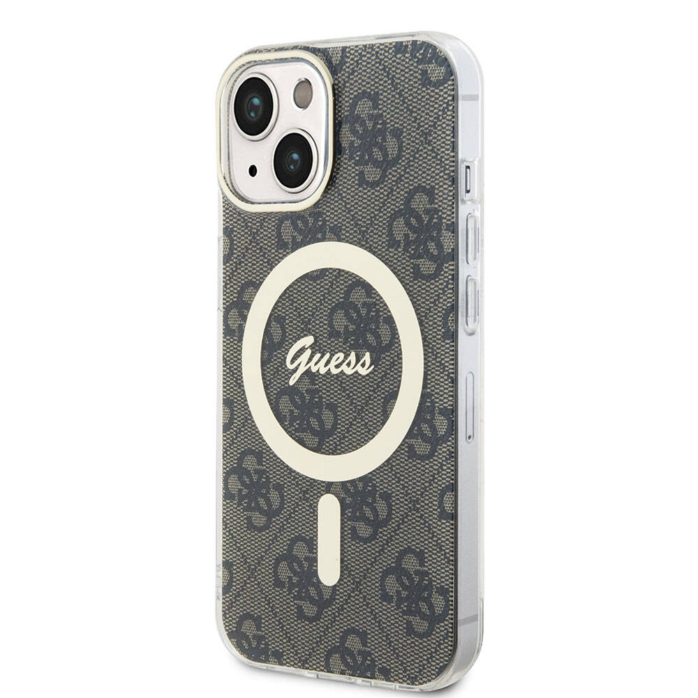 Apple iPhone 15 Case Guess Original Licensed M-safe Charging Feature Text Logo 4G Patterned Cover Brown