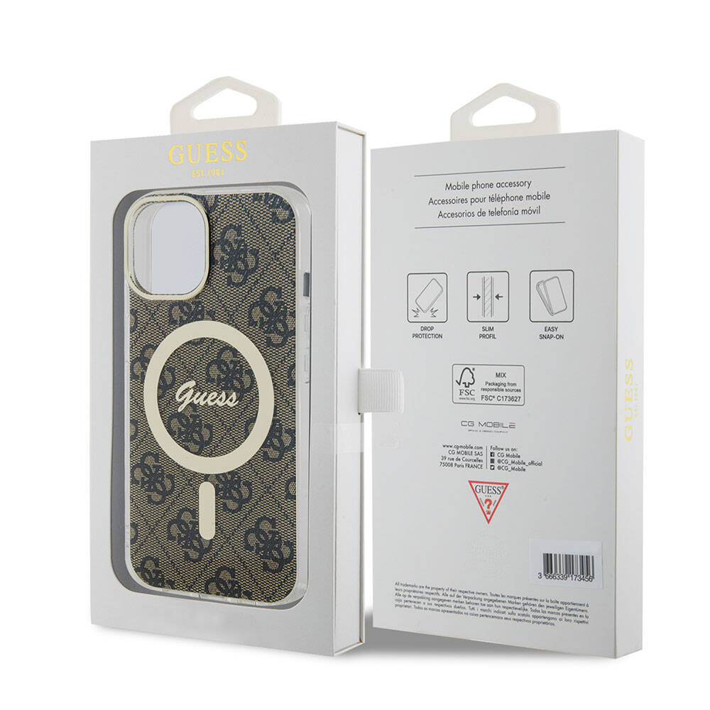 Apple iPhone 15 Case Guess Original Licensed M-safe Charging Feature Text Logo 4G Patterned Cover Brown