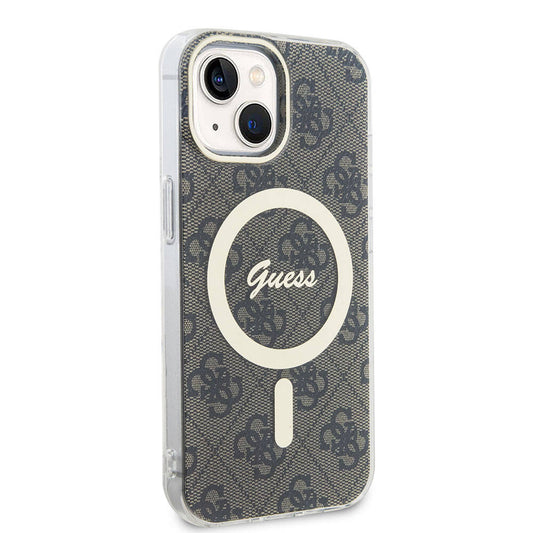 Apple iPhone 15 Case Guess Original Licensed M-safe Charging Feature Text Logo 4G Patterned Cover Brown