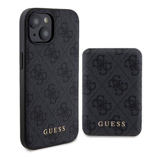 Apple iPhone 15 Case Guess Original Licensed M-safe Charging Feature Text Logo 4G Patterned Cover + Powerbank 5000mAh 2in1 Set Black 
