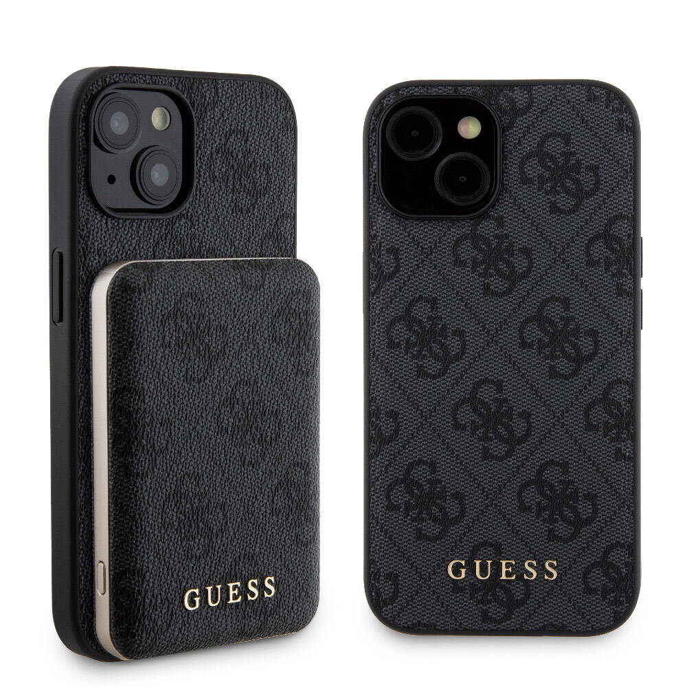 Apple iPhone 15 Case Guess Original Licensed M-safe Charging Feature Text Logo 4G Patterned Cover + Powerbank 5000mAh 2in1 Set Black 