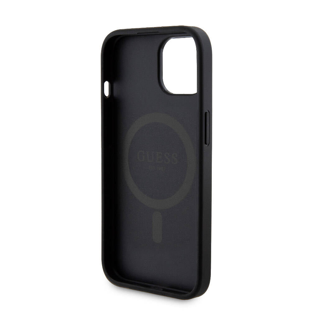 Apple iPhone 15 Case Guess Original Licensed M-safe Charging Feature Text Logo 4G Patterned Cover + Powerbank 5000mAh 2in1 Set Black 